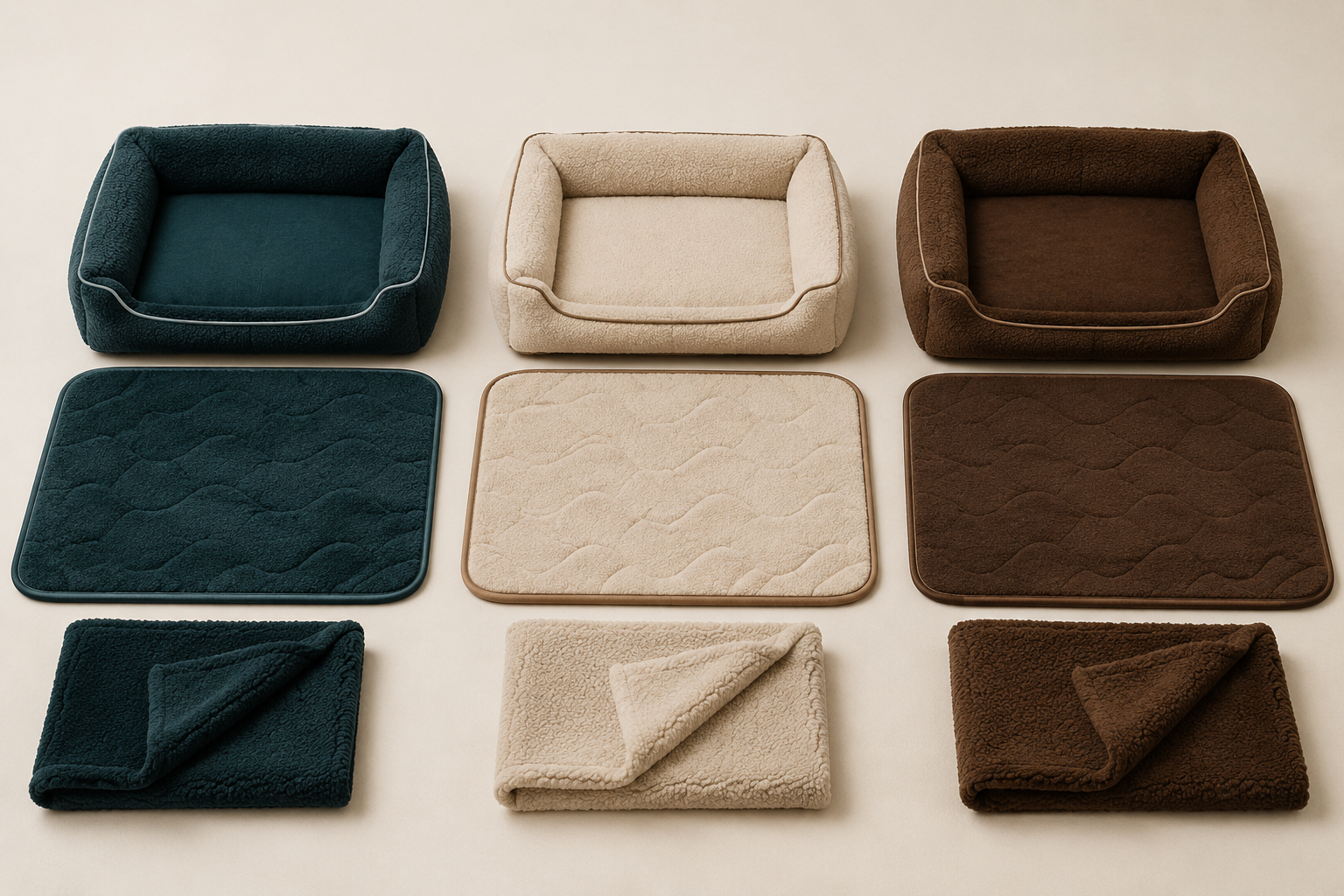 Three styled pet comfort zones in midnight teal, champagne and walnut tones
